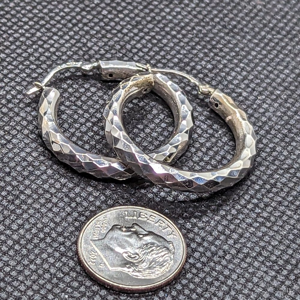 Faceted Textured Heavy Solid Sterling Hoops - image 1